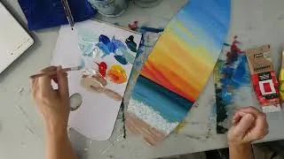 Miniature : Comment peindre un coucher du soleil ?  Peinture Acrylique sur planche de surf en décoration