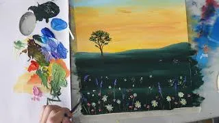 Miniature : Peindre un paysage au coucher de soleil– Acrylique facile pour débutant  sur musique relaxante
