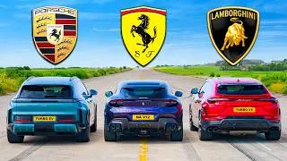 Miniature : Nouvelle Porsche Cayenne EV v Ferrari Purosangue v Lambo Urus : DRAG RACE