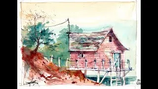 Miniature : " Cabane de pêche en Norvège "   Aquarelle de Christian COUTEAU