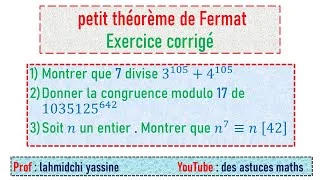 Miniature : Appliquer le petit théorème de Fermat - 2 bac sm - Terminale - Maths expertes