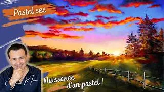 Miniature : Coucher de soleil rouge sur la campagne au pastel sec