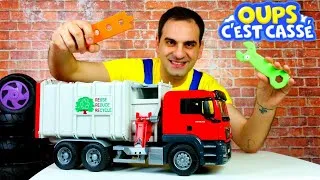 Miniature : Oups, c'est cassé! Benne à ordures en panne. Vidéo en français sur les voitures pour garçons.