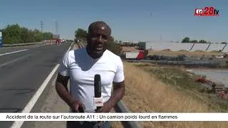 Miniature : Accident de la route sur l'autoroute A11 : Un camion poids lourd en flammes