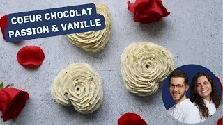 Miniature : Coeur chocolat passion vanille, pochage rose façon Cédric Grolet