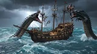 Miniature : Un navire de Pirate se fait attaqué en pleine mer entouré de Monstres marin