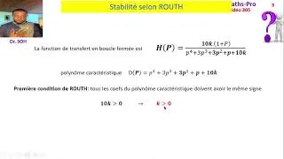Miniature : exercice corrigé 4 : Stabilité selon ROUTH, ASSERVISSEMENT, fonction de transfert en boucle fermée