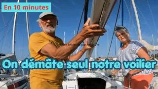 Miniature : Démâter seul notre voilier, mais  sur le traveller lift, les sangles glissent...Prêt à tomber !!!