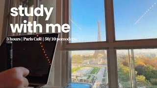Miniature : 3 HOURS study with me at a Paris café ☕️| 50/10 pomodoro| 🍂 autumn vibes  & Eiffel Tower view| ASMR
