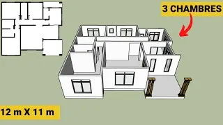 Miniature : PLAN DE MAISON MODERNE 3 CHAMBRES CONFORTABLES  (12m x 11m)