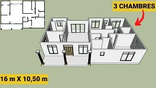Miniature : PLAN DE MAISON MODERNE 3 CHAMBRES SIMPLE ET JOLIE (16m x 10,50m)
