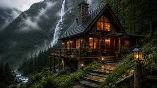 Miniature : Cozy Mountain Chalet by the Waterfall 🏔️🔥 | Peaceful Forest Ambience