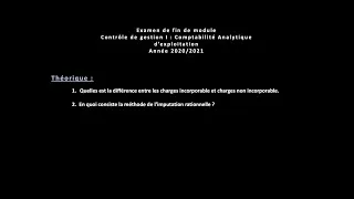 Miniature : Corrigé d'examen de fin de module : Comptabilité Analytique d'Exploitation Année 2020/2021 (Partie1)