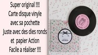 Miniature : Carte disque vinyle avec sa pochette juste avec dies ronds super original !! Tuto carterie Diy scrap