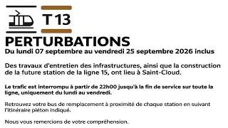 Miniature : Tram 13 Express : du 7 au 25/09, le trafic sera interrompu à partir de 22h00.
