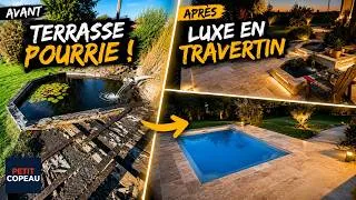 Miniature : Transformation : cette vieille terrasse en bois devient une terrasse en travertin haut de gamme !