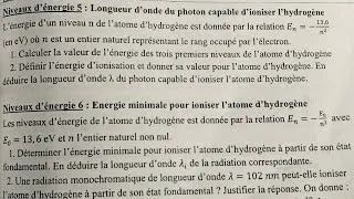 Miniature : Niveau d'énergie de l'atome d'hydrogène terminale C,D,E (exercice corrigé)