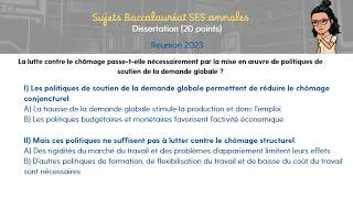 Miniature : Sujet bac SES - Dissertation corrigée - Lutte contre chômage et politiques soutien demande globale