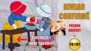 Miniature : 🔵 Sunbonnet Sue joue à la marchande 🏪 :  patchwork appliqué main + patron gratuit🔒 (#028/101)