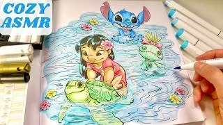 Miniature : ASMR coloriage cozy kawaii 🎨 Lilo & Stitch en baignade 💙 Feutres alcool Ohuhu Disney petites poupées