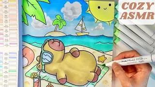 Miniature : ASMR coloriage cozy kawaii 🎨 Capybara à la plage 🏖️ Feutres à alcool Ohuhu pastel, Capybaras mignons