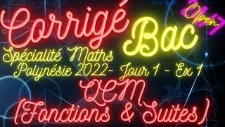 Miniature : QCM Fonctions, suites - Logarithme népérien - Limites - Sujet BAC corrigé - Polynésie 2022 Jour 1