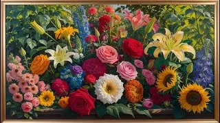 Miniature : Gold Framed Vintage TV Art – Vibrant Floral Still Life for TV Screensaver