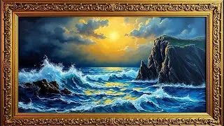 Miniature : Gold Framed Vintage TV Art – Ocean Sunset Oil Painting Screensaver for TV