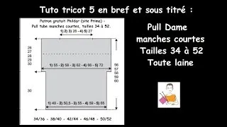 Miniature : Tuto tricot 5 en bref et sous titré : pull manches courtes, tailles 34 à 52, toute laine
