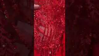 Miniature : Tissu Dentelle Rouge Plumes et Sequins Au Mètre – Haute Couture